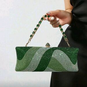 Green Rhinestone Purse Bag With Gold Chain And Green Rhinestone Removable Straps